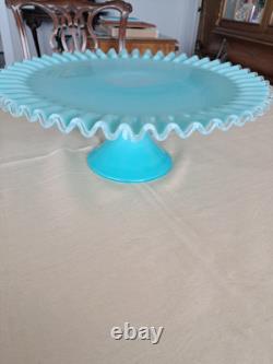 RARE! Fenton Turquoise Silvercrest Milk Glass Cake Stand Plate Aqua Blue Vintage