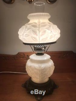 RARE Fenton VTG Puffy ROSE White Milk Glass Hurricane Lamp Gone With the Wind