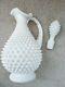 Rare Fenton Hobnail Milk Glass Handled Wine Decanter With Stopper Pitcher 1.3 Qt