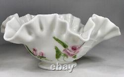 RARE Gorgeous Westmoreland Milk Glass Ruffle Bowl Hand Painted Floral Trellis