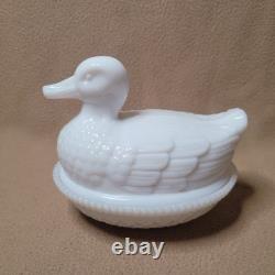 RARE Imperial Glass Duck On Nest, White Milk Glass Covered Dish, Sticker/Stamped