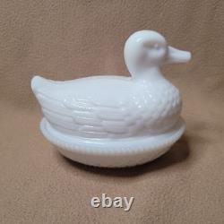 RARE Imperial Glass Duck On Nest, White Milk Glass Covered Dish, Sticker/Stamped