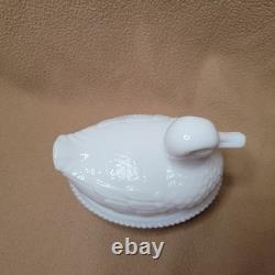 RARE Imperial Glass Duck On Nest, White Milk Glass Covered Dish, Sticker/Stamped