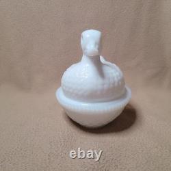 RARE Imperial Glass Duck On Nest, White Milk Glass Covered Dish, Sticker/Stamped
