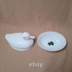RARE Imperial Glass Duck On Nest, White Milk Glass Covered Dish, Sticker/Stamped