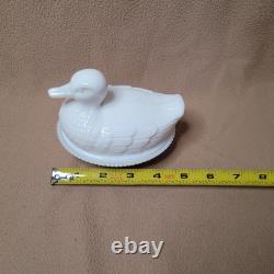 RARE Imperial Glass Duck On Nest, White Milk Glass Covered Dish, Sticker/Stamped