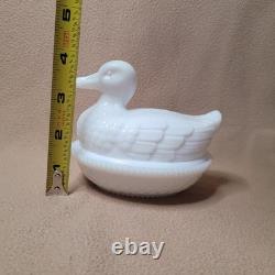 RARE Imperial Glass Duck On Nest, White Milk Glass Covered Dish, Sticker/Stamped