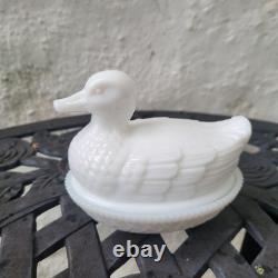 RARE Imperial Glass Duck On Nest, White Milk Glass Covered Dish, Sticker/Stamped