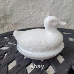 RARE Imperial Glass Duck On Nest, White Milk Glass Covered Dish, Sticker/Stamped