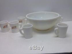 RARE Milk Glass McKee Tom and Jerry Set Punch Bowl 6 Cups sleigh Christmas
