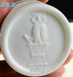 RARE Rare tiny OWL DRUG Co milk glass JAR withpic ONE WING owl on BASE RARE