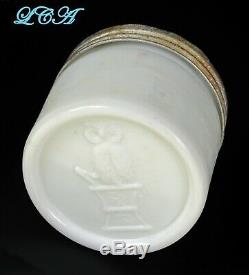 RARE Rare tiny OWL DRUG Co milk glass JAR withpic ONE WING owl on BASE RARE