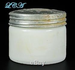 RARE Rare tiny OWL DRUG Co milk glass JAR withpic ONE WING owl on BASE RARE