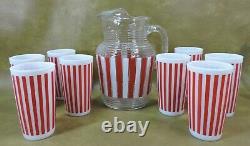 RARE Set 9 pc HAZEL ATLAS CANDY STRIPE TUMBLERS PITCHER MCM Red White 8 Glasses