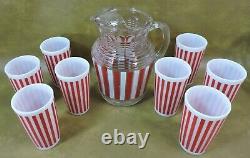 RARE Set 9 pc HAZEL ATLAS CANDY STRIPE TUMBLERS PITCHER MCM Red White 8 Glasses