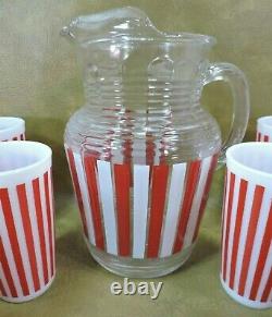 RARE Set 9 pc HAZEL ATLAS CANDY STRIPE TUMBLERS PITCHER MCM Red White 8 Glasses