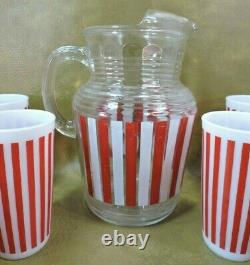 RARE Set 9 pc HAZEL ATLAS CANDY STRIPE TUMBLERS PITCHER MCM Red White 8 Glasses