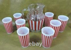 RARE Set 9 pc HAZEL ATLAS CANDY STRIPE TUMBLERS PITCHER MCM Red White 8 Glasses