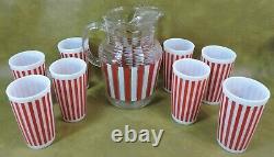 RARE Set 9 pc HAZEL ATLAS CANDY STRIPE TUMBLERS PITCHER MCM Red White 8 Glasses