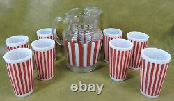 RARE Set 9 pc HAZEL ATLAS CANDY STRIPE TUMBLERS PITCHER MCM Red White 8 Glasses