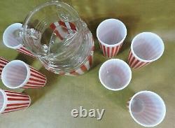 RARE Set 9 pc HAZEL ATLAS CANDY STRIPE TUMBLERS PITCHER MCM Red White 8 Glasses