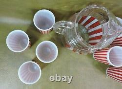 RARE Set 9 pc HAZEL ATLAS CANDY STRIPE TUMBLERS PITCHER MCM Red White 8 Glasses