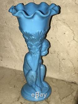 RARE VALLERYSTHAL 19c MONKEY ANIMAL FIGURAL ANTIQUE BLUE OPALINE MILK GLASS VASE