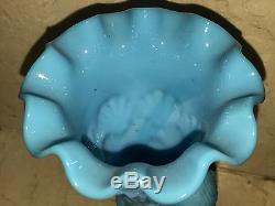 RARE VALLERYSTHAL 19c MONKEY ANIMAL FIGURAL ANTIQUE BLUE OPALINE MILK GLASS VASE
