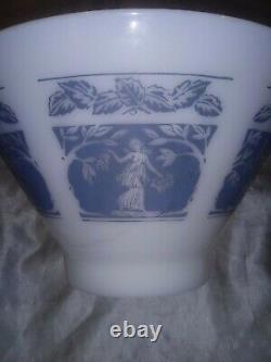 RARE VINTAGE HAZEL ATLAS MILK GLASS BOWL WHITE withWEDGEWOOD BLUE GREEK GODDESS