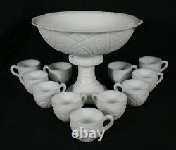 RARE VINTAGE McKee MILK GLASS PPEDESTAL PUNCH BOWL SET 12 CUPS & PLASTIC LADLE