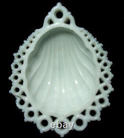 RARE VTG 1870s Deep Clam Shell Milk-Glass Footed Trinket Pin Bowl Lace Fretwork