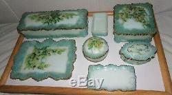 RARE Victorian Era, Hand Painted, Milk Glass 11 piece Dresser / Vanity Set