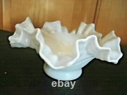 RARE Vintage FENTON Milk Glass Doubler Ruffled Edge Bowl Swirl Design Blue Hue