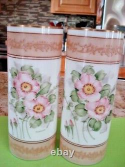 RARE Vintage Hand Painted Pair Floral Milk Glass Vases Deluxe Inc USA Signed