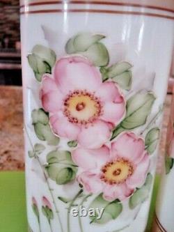 RARE Vintage Hand Painted Pair Floral Milk Glass Vases Deluxe Inc USA Signed