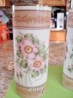 RARE Vintage Hand Painted Pair Floral Milk Glass Vases Deluxe Inc USA Signed