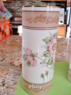 RARE Vintage Hand Painted Pair Floral Milk Glass Vases Deluxe Inc USA Signed