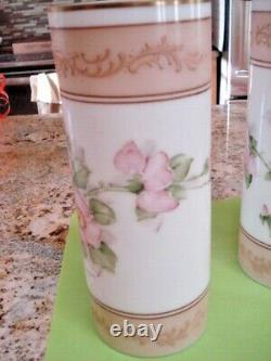 RARE Vintage Hand Painted Pair Floral Milk Glass Vases Deluxe Inc USA Signed