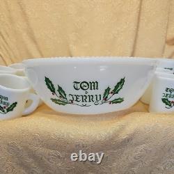 RARE Vintage Mckee Tom & Jerry Holly White Milk Glass Punch Bowl & 10 Mugs