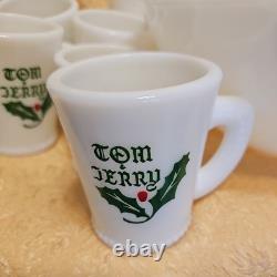 RARE Vintage Mckee Tom & Jerry Holly White Milk Glass Punch Bowl & 10 Mugs