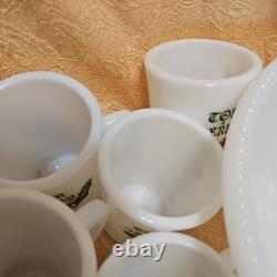 RARE Vintage Mckee Tom & Jerry Holly White Milk Glass Punch Bowl & 10 Mugs