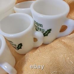 RARE Vintage Mckee Tom & Jerry Holly White Milk Glass Punch Bowl & 10 Mugs