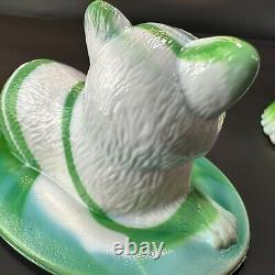 RARE Westmoreland III Rosso Green White Milk SLAG Glass Cat on Nest Dish Vintage