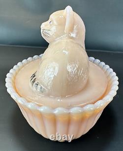 RARE Westmoreland III Rosso Milk Glass Cat on Nest PINK Opalescent Painted VTG