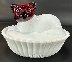 RARE Westmoreland/ Rosso Milk Glass & Red Head Cat on Nest White Painted VTG HTF