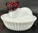 Rare Westmoreland/ Rosso Milk Glass & Red Head Cat On Nest White Painted Vtg Htf