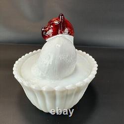 RARE Westmoreland/ Rosso Milk Glass & Red Head Cat on Nest White Painted VTG HTF