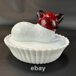 RARE Westmoreland/ Rosso Milk Glass & Red Head Cat on Nest White Painted VTG HTF