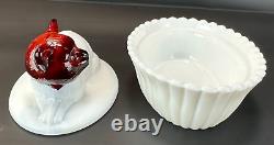 RARE Westmoreland/ Rosso Milk Glass & Red Head Cat on Nest White Painted VTG HTF