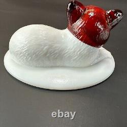 RARE Westmoreland/ Rosso Milk Glass & Red Head Cat on Nest White Painted VTG HTF